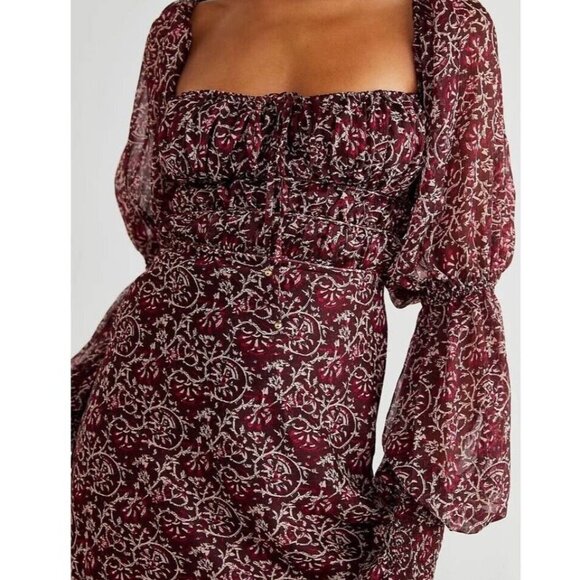 Free People Dresses & Skirts - Free People Aglow Chocolate Midi Dress Floral Lined L Smocked Boho Festival New